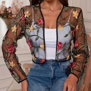 Floral Embroidered Sheer Cardigan style Top NWOT